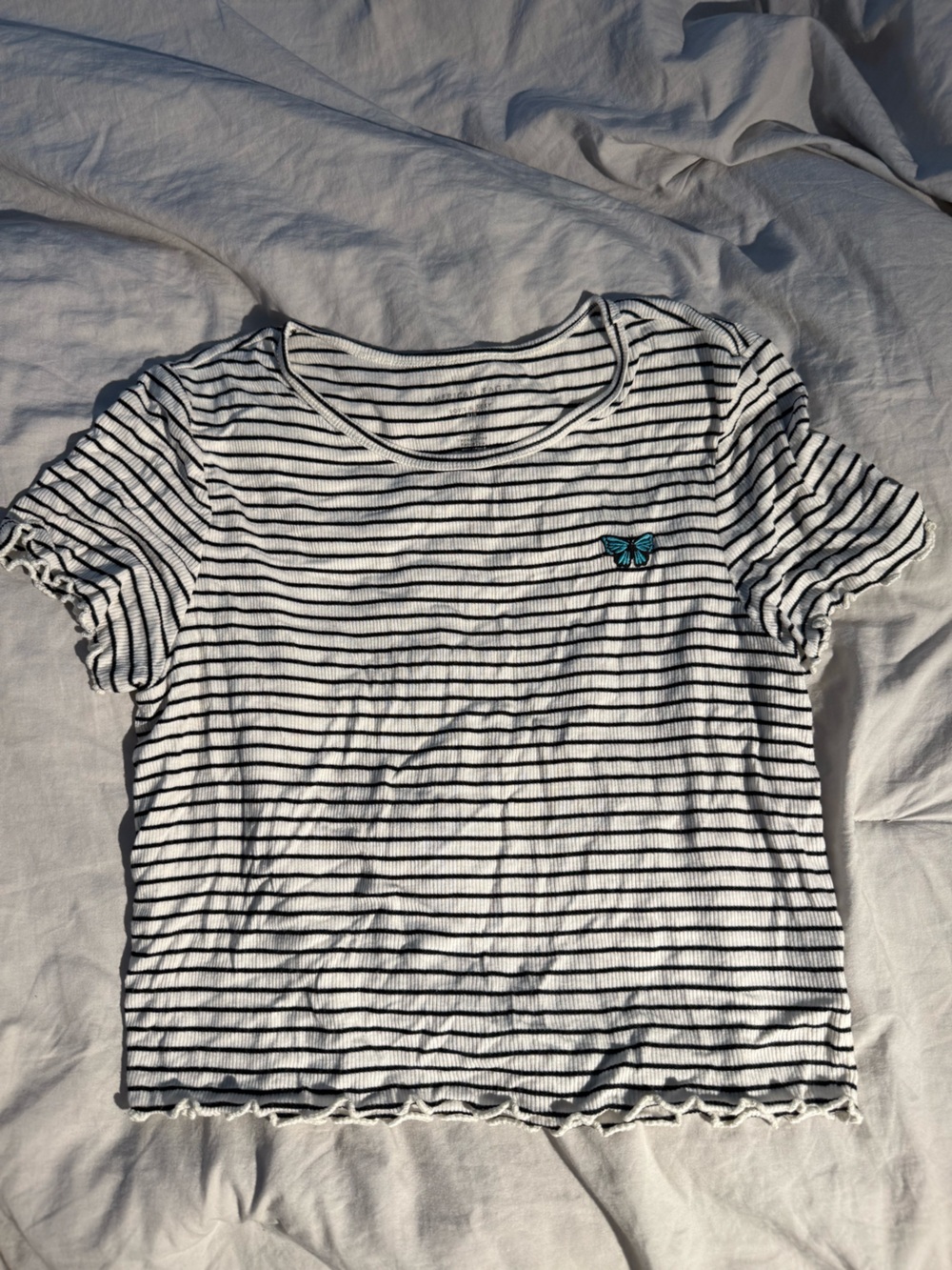 American Eagle White and Black Striped Short Sleeve Tee with Teal Butterfly